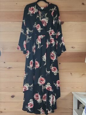 JODIFL Black Floral High-Low Wrap Dress with Pink Rose Print